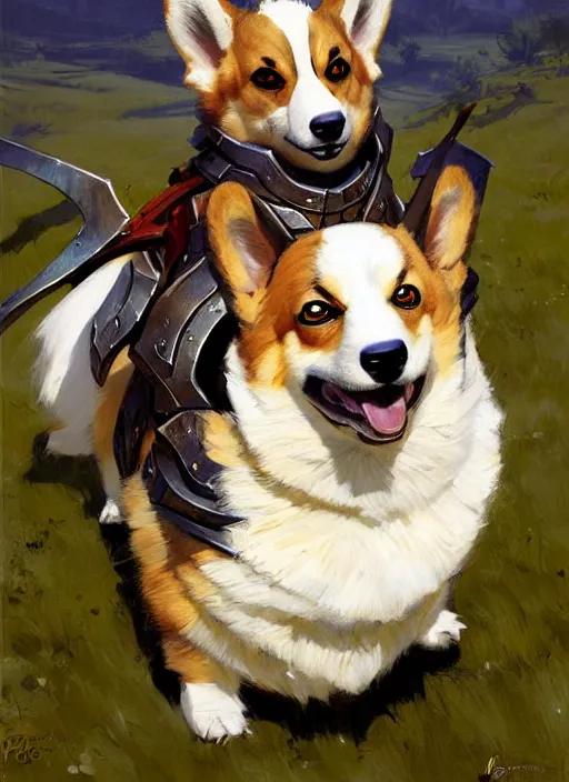 Image similar to Greg Manchess painting of a Corgi Charr from Guild Wars 2 wearing Forerunner Armor from Halo, countryside, calm, fantasy character portrait, dynamic pose, above view, sunny day, artwork by Jeremy Lipkin and Giuseppe Dangelico Pino and Michael Garmash and Rob Rey, very coherent asymmetrical artwork, sharp edges, perfect face, simple form, 100mm