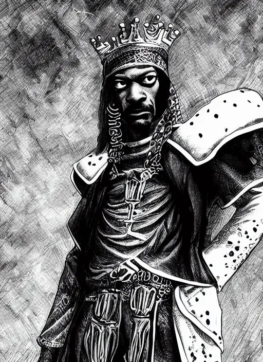 Prompt: Snoop Dogg as a knight, highly detailed, black and white, manga, art by Kentaro Miura