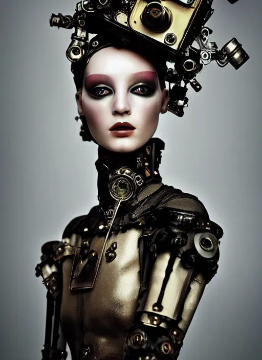 Image similar to photography of beautyful female android steampunk by paolo roversi,