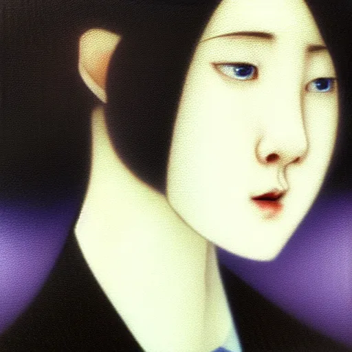 Image similar to yoshitaka amano blurred and dreamy realistic three quarter angle portrait of a young woman with short hair and black eyes wearing office suit with tie, abstract patterns in the background, satoshi kon anime, noisy film grain effect, highly detailed, renaissance oil painting, weird portrait angle, blurred lost edges