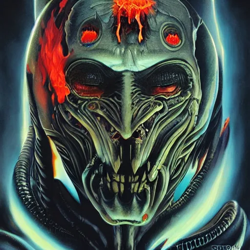 Image similar to doom demon giger portrait, fire and flame, Pixar style, by Tristan Eaton Stanley Artgerm and Tom Bagshaw.