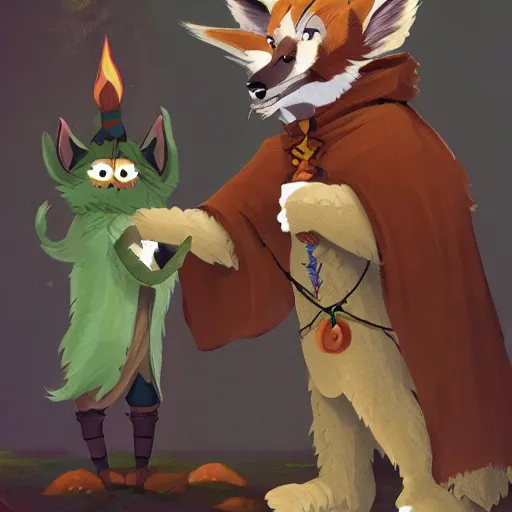 Image similar to a foxfolk wizard druid as a furry muppet plush wearing a fancy elven cloak and holding a sentient scimitar