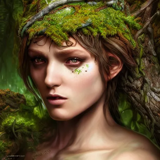 Image similar to high definition digital fantasy character art, hyper realistic face, hyperrealism, elemental guardian of life, forest dryad, woody foliage, 8 k dop dof hdr fantasy character art, by aleski briclot and alexander'hollllow'fedosav and laura zalenga