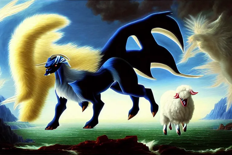 Prompt: a dramatic and detailed oil painting of absol from pokemon and a natural disaster by thomas cole and ken sugimori | absol has white fur, spurs, a sheep's face, each of it's four limbs ends in large paws with three clawed talons, the floof of a white silkie chicken shaped like a sleek edgy wolf