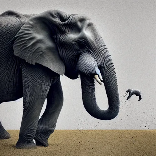 Prompt: an elephant falling apart and crumbling to dust to the air, photorealistic