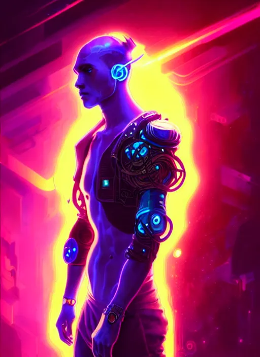 Image similar to a male cyberpunk faceless glowing liquefied stardust adventurer, dnd fantasy character, full body portrait, glowing neon skin, magical aura, ultra realistic, intricate, elegant, highly detailed, digital painting, artstation, smooth, sharp, focus, illustration, art by artgerm and greg rutkowski and alphonse mucha