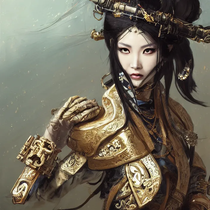 Image similar to ancient chinese princess with steampunk mask, dynasty warriors, elegant, unreal engine, 8 k, blue color scheme, headshot, highly detailed, smooth, ink painting, artstation, concept art, in style of yoji shinkawa, pan ren wei, col price, atey ghailan, by greg rutkowski, aesthetic