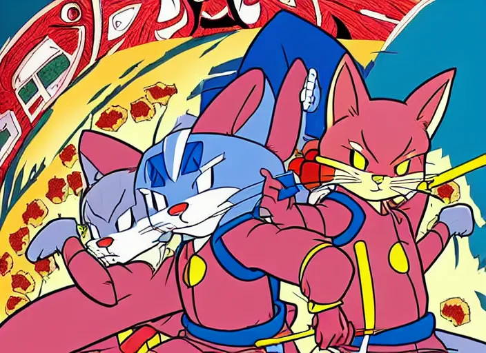 Image similar to samurai pizza cats, illustration masterpiece, by ryan ottley and mœbius and hayao miyazaki and akira toriyama