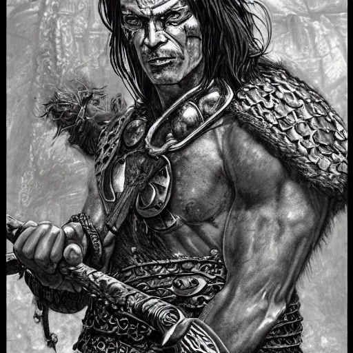 Prompt: Portrait of Conan the Cimmerian , loincloth, chainmail, axe, male, fantasy, extremely detailed, mixed media and fineliner illustration, artstation, fantasy art, smooth, sharp focus, RPG action portrait, dazzling lighting, art by Carl Critchlow, Simon Bisley and Bill Sienkiewicz , hyperrealistic character close-up, dark fantasy, foreboding atmosphere, golden ratio, hyperdetailed, highest resolution, laboriously detailed and complicated, artstation, Jia Ruan, 8k