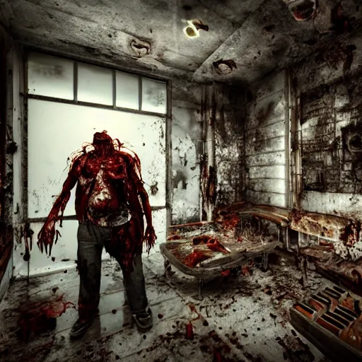 Image similar to butcher angry rotting zombie, detailled beautiful portrait, dilapidated butchery interior, feeling of grimdark horror, daytime, high contrast, ultra intricate detailed, octane render, unreal engine