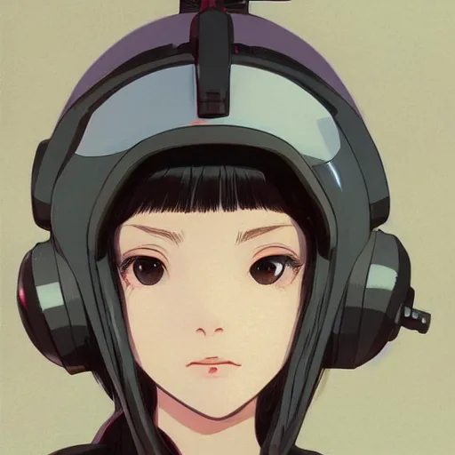 Image similar to face of a beautiful girl with a ponytail wearing a helmet, symmetrical, ilya kuvshinov, jamie hewlett, yoji shinkawa, muted colors, portrait, beautiful detailed illustration, 17th century oil painting, flat colors, studio ghibli, cel shading