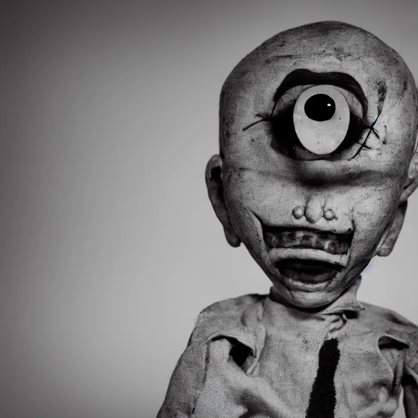 Image similar to creepy ventriloquist dummy in the style of roger ballen, 4 k, bw, portrait