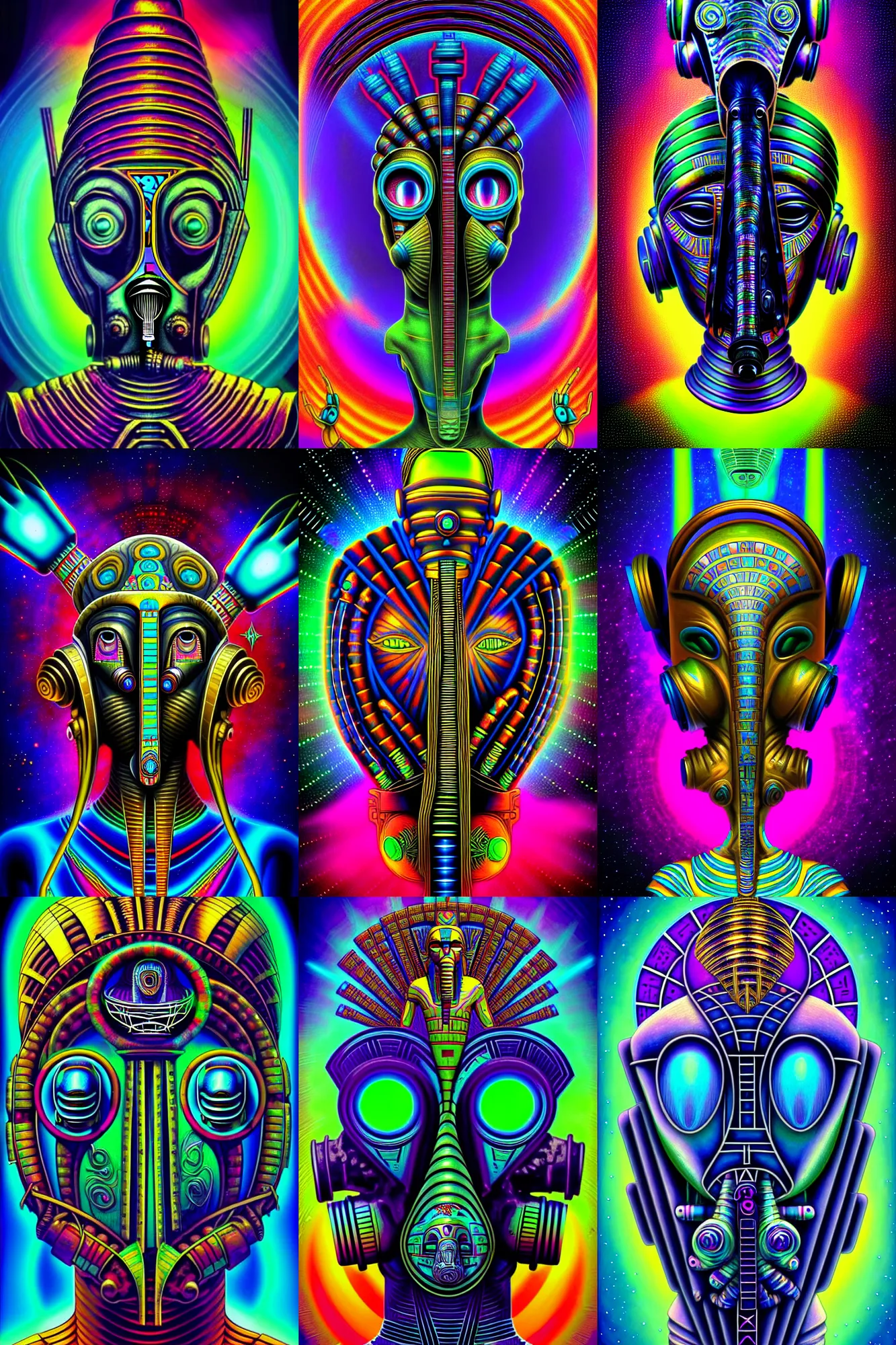 Prompt: egyptian mayan deity aliens extraterrestrial wearing a beautiful cybernetic gas mask in the style of alex grey and beeple and william blake and stephen gammell in the style of adorable dark fantasy, fantasy, art deco, crisp, award winning art, vivid colors, cmyk color scheme