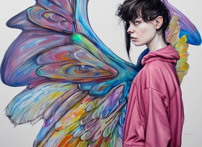 Image similar to a painting by martine johanna of a fairy with big wings wearing a hoodie standing in a township street in the style of jenny saville, street fashion outfit, haute couture fashion shoot, fairy, d & d, fantasy sticker illustration, artstation