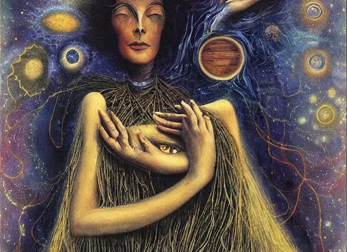 Image similar to a shaman woman spirit holding up the cosmic!! universe, by remedios varo, reflection, symbolist, magic colors, dramatic lighting, smooth, sharp focus, extremely detailed, aesthetically pleasing composition