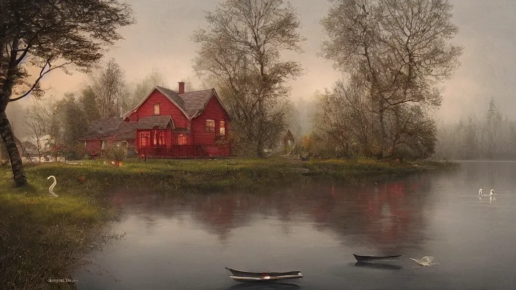 Image similar to small red wooden cottage by the lake, lanterns on the porch, smoke coming out of the chimney, dusk, birch trees, tranquility, two swans on the lake, two swans, a wooden rowing boat, by Greg Rutkowski, by Charlie Bowater