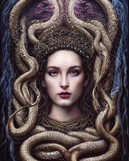 Image similar to portrait of the strangly beautiful young goddess of snakes, surreal, fantasy, intricate, elegant, dramatic lighting, emotionally evoking symbolic metaphor, highly detailed, lifelike, photorealistic, digital painting, painterly, artstation, concept art, smooth, head in focus, sharp focus, illustration, art by John Collier and Krenz Cushart and Artem Demura and Alphonse Mucha and Albert Aublet,