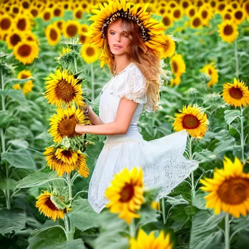 Image similar to a beautiful farm girl in a field of sunflowers, beautiful day, by hans zatzka