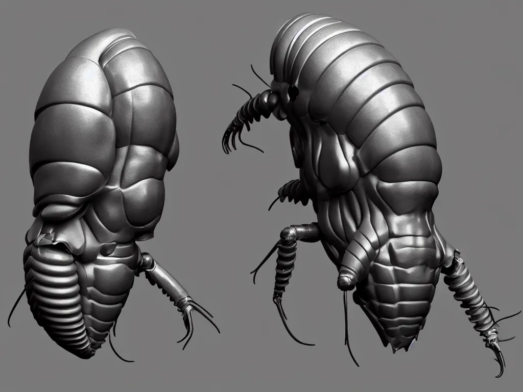 Image similar to isopod, muscular body, chiroptera head, chiroptera ears, hyperrealism, artstation, cgsociety, zbrush, no background