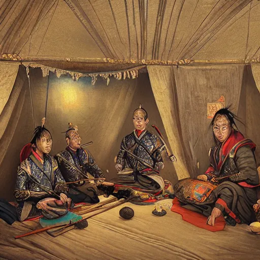 Prompt: portrait of smart tai armored warlords sit in tai ancient war traditional tent, asian interior decoration, oil painting, fantasy, detailed and intricate environment