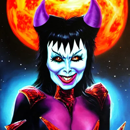 Image similar to Elvira as a cosmic super villain, dark oil painting by crypt keeper