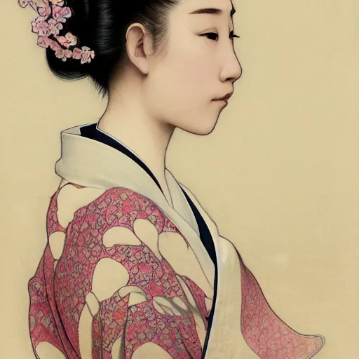 Prompt: side portrait of a young japanese woman wearing a kimono, cherry blossom crown, white hair, long hair, hair down, headshot, hyper realistic, pale skin, 4k, rule of thirds, extreme detail, detailed drawing, trending artstation, hd, fantasy, D&D, realistic lighting, by Alphonse Mucha, Greg Rutkowski, sharp focus, backlit, elegant