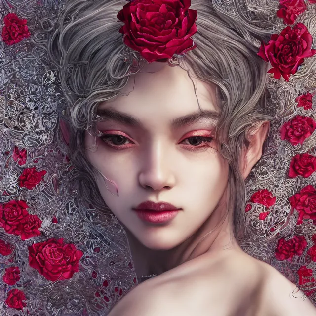 Image similar to studio portrait of an absurdly beautiful, elegant, young hypercolorful sensual gravure idol rubies and red petals, ultrafine hyperrealistic detailed face illustration by kim jung gi, irakli nadar, intricate linework, sharp focus, bright colors, matte, octopath traveler, final fantasy, unreal engine highly rendered, global illumination, radiant light, intricate environment