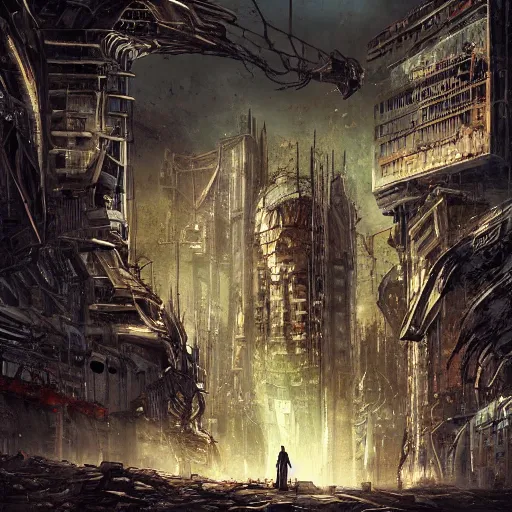 Image similar to abandoned ruined futuristic mega city, gothic art, color, detailed, eerie, emotional, sad, highly detailed, sharp focus, motherboard, Artstation, deviantart, artgem, golden ratio, n the style of Heavy Metal Comics