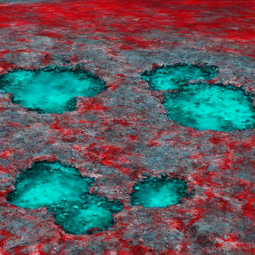 Prompt: bright red starfishes in a crater filled with bright blue water surrounded by bright green algae and grey rocks, Death Valley, octane render, 35mm, sci-fi cinematic movie still