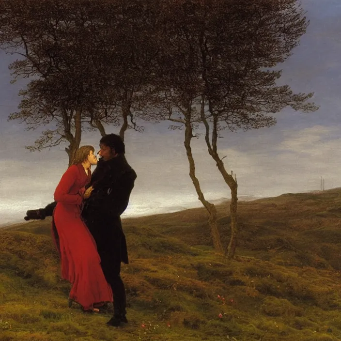 Image similar to adult dark - skinned man and woman kissing on the moorland, painting by caspar david friedrich