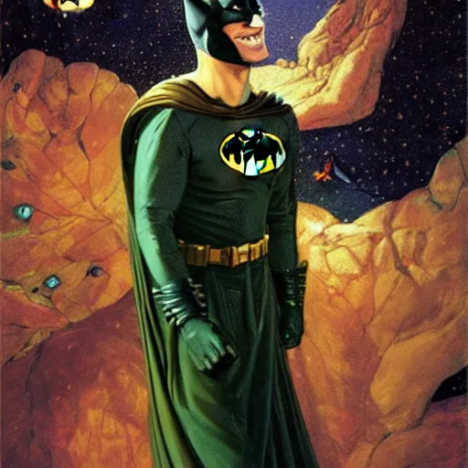 Image similar to a totally amazed smiling pretty batman surrounded by golden firefly lights in a mesmerizing scene, fully covering intricate detailed bohemian outfit, long loose red hair, precise linework, accurate green eyes, small nose with freckles, beautiful smooth oval head, expressive emotions, hyper realistic ultrafine portrait by artemisia gentileschi, jessica rossier, greg rutkowski, artgerm