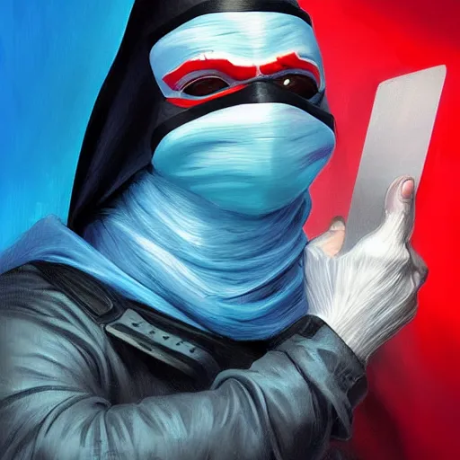 Image similar to ultra realistic illustration, man with black hair with a black mask, in a hood in the form of a blue shark with white teeth, red and blue eyes, mysterious, poker man, highly detailed, digital painting, artstation, concept art, smooth, sharp focus, illustration, art by artgerm and greg rutkowski and alphonse mucha