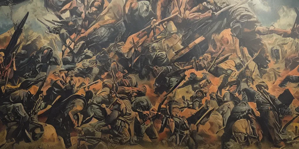Prompt: a mural depicting war, dark colors, a sense of difficulty, heroic, epic