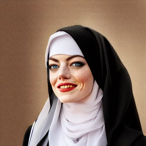 Image similar to A portrait of Emma Stone wearing a Black Arabian abaya , high quality, fully detailed, 4k