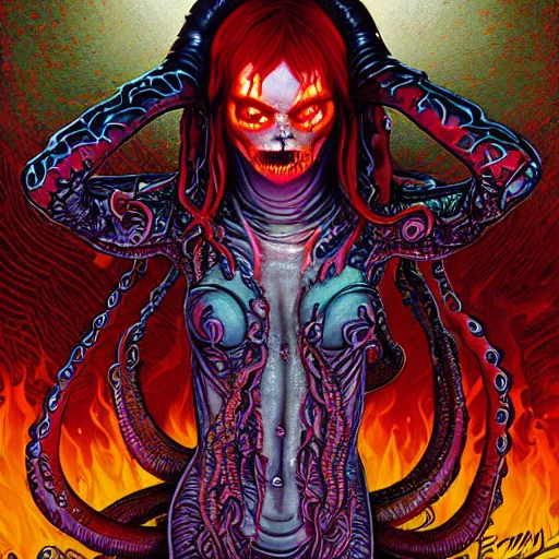 Image similar to scorn giger venom alien doom zdislaw bekinski horror hell alien tentacles satan fire flame octopus, beautiful underwater redhead woman portrait of emma stone as a belly dancer, pixar style, by tristan eaton stanley artgerm and tom bagshaw.