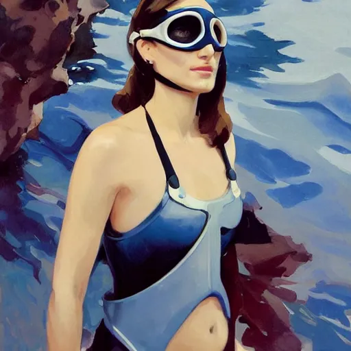 Image similar to a portrait of natalie portman in a scuba dive mask and a snorkel, greg manchess painting by sargent and leyendecker, studio ghibli, fantasy, medium shot, asymmetrical, intricate, elegant, matte painting, illustration, hearthstone, by greg rutkowski, by greg tocchini, by james gilleard, by joe fenton