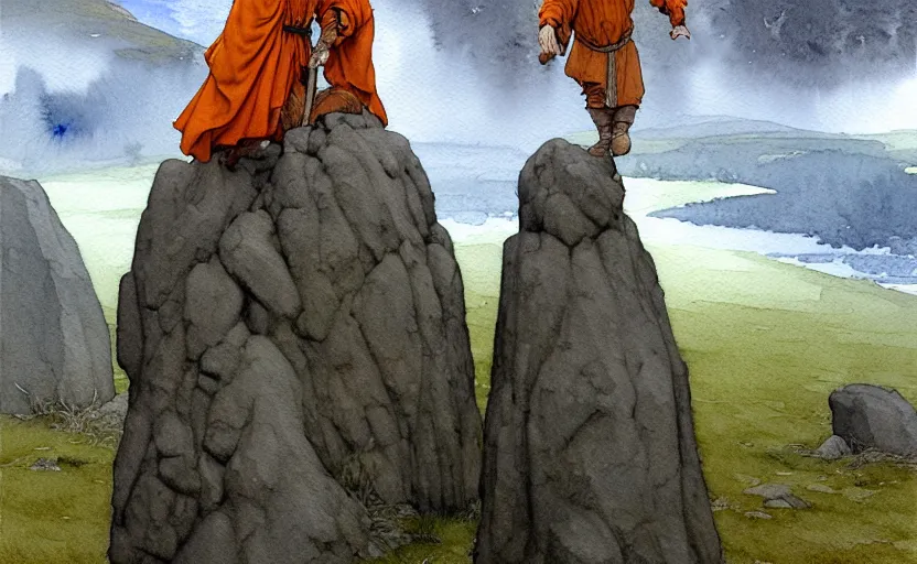 Image similar to a hyperrealist watercolour character concept art portrait of small grey medieval monks with their hands above their heads. a megalithic flat rock floats in the air above him. it is a misty night on the moors of ireland. by rebecca guay, michael kaluta, charles vess and jean moebius giraud