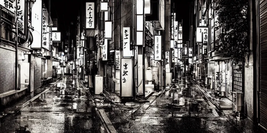 Prompt: quiet tokyo alley at night, raining, hdr, hyper realistic, hyperdetailed, epic composition, cinematic lighting, masterpiece, street photography