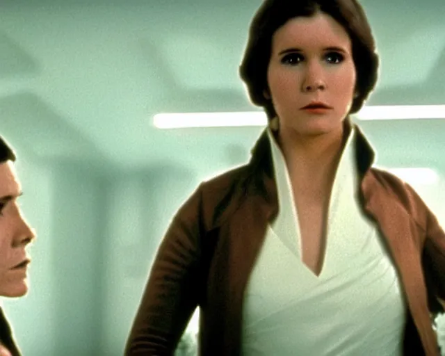 Image similar to screenshot of Han Solo standing next to Princess Leia Organa kiss, alone, pensive, iconic scene from 1970s Star Wars film directed by Stanley Kubrick, in a sci fi nursing home architecture, last jedi, 4k HD sharp, cinematic still frame, photoreal, detailed face, moody lighting, stunning cinematography, anamorphic lenses, kodak color film stock