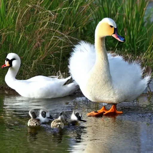 Image similar to a crossbreed of wild duck and a swan, with chicks, photo