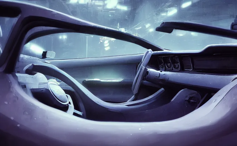 Image similar to close up interior shot of a mustang car, full car profile shot with 85mm, futuristic product car shot, neon lights, scifi robot repair workshop, Craig Mullins, Greg Rutkowski, volumetric light, artstation, octane render