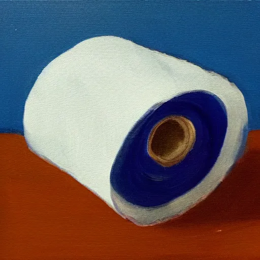 Image similar to a painting of a roll of toilet paper against a dark blue background, impressionist painting