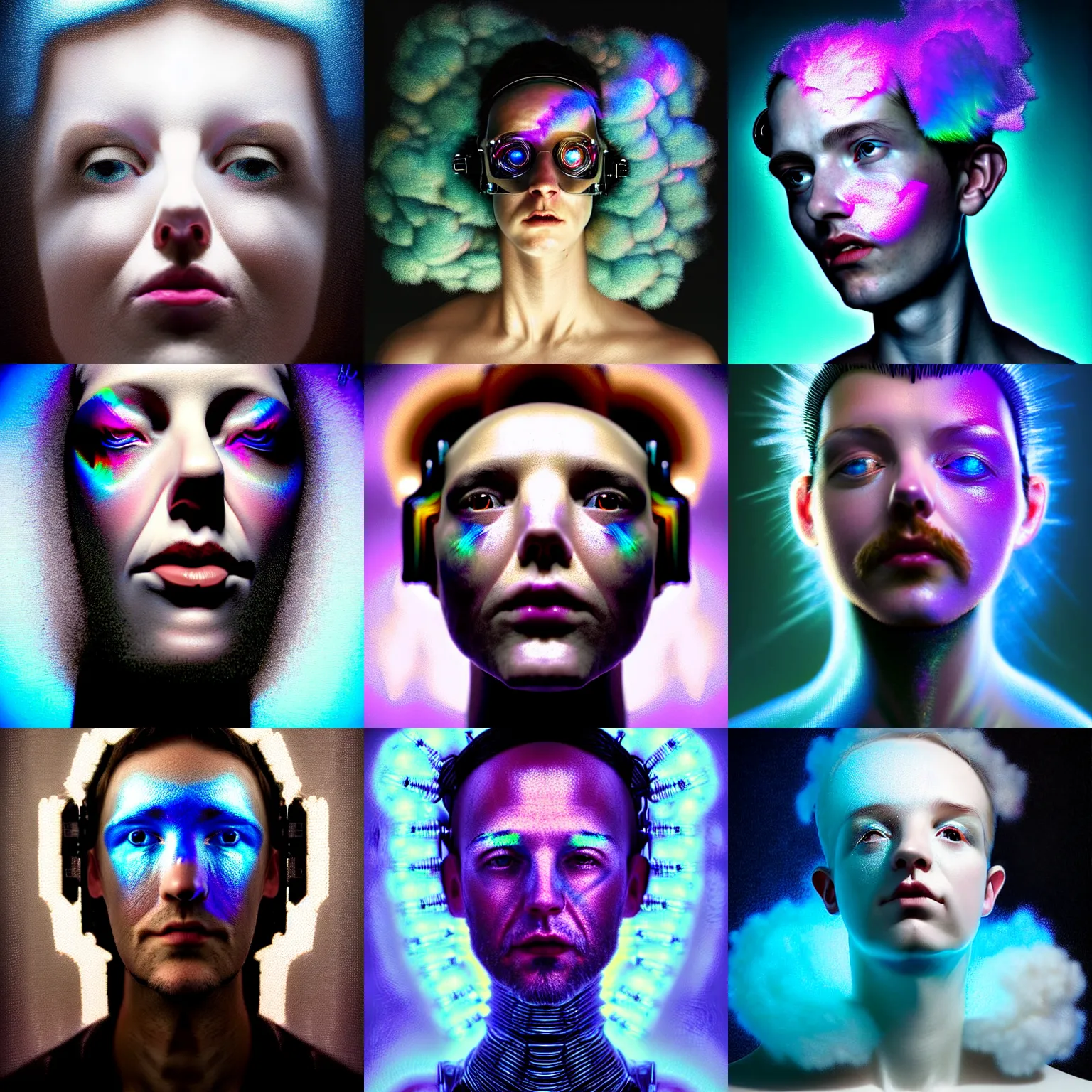 Prompt: portrait of a person made of fluffy iridescent clouds by robin eley and jusepe de ribera and brom, futurepunk, cybernetic components!!, electrical wiring!, ring light, closeup, fantasy art, highly detailed, digital art, masterpiece, pearlescent, opalescent