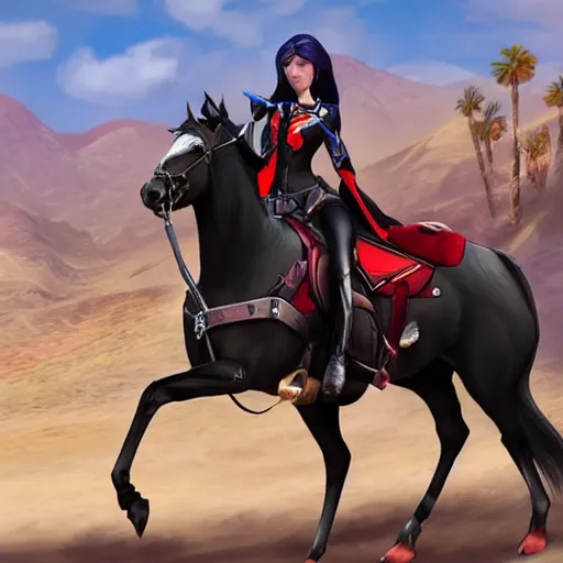 Image similar to widowmaker overwatch in the desert riding on a horse, black and red jacket, collar around neck, very detailed face, feminine face, full body