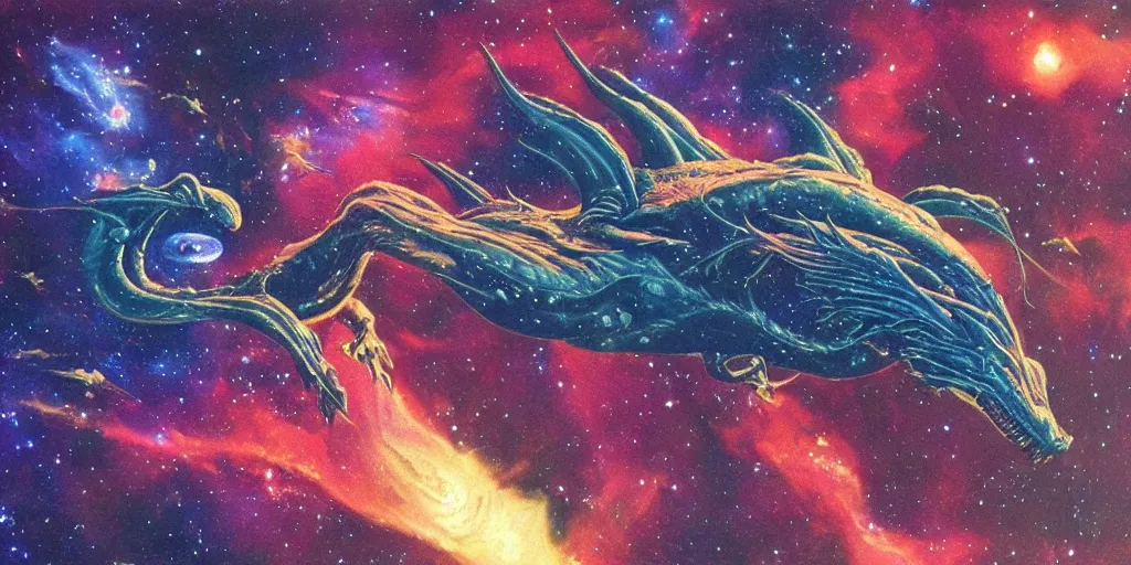 Image similar to an alien dragon flying in outer space, epic nebula, style of Moebius