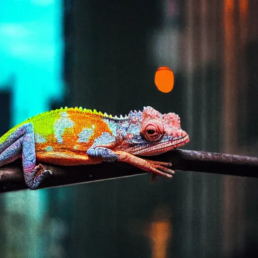 Image similar to a high quality photo of a chameleon on the streets of a cyberpunk city, rainy, reflective ground, neon lights, realism, 8k