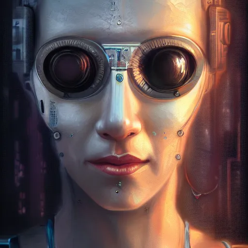 Image similar to extremely detailed portrait of a cyberpunk woman, eye implants, street vendors, citizens, augmented cyborgs, robots, skyscapers, buildings, clouds, sunset, painted by seb mckinnon, high detail, digital art, trending on artstation