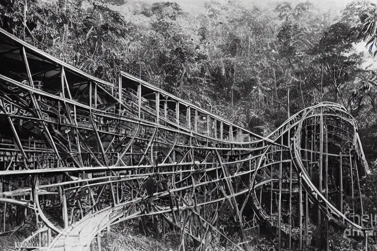 Image similar to a 1 9 0 5 colonial closeup photograph of a rollercoaster in a village at the river bank of congo, thick jungle, scary, evil looking, wide angle shot