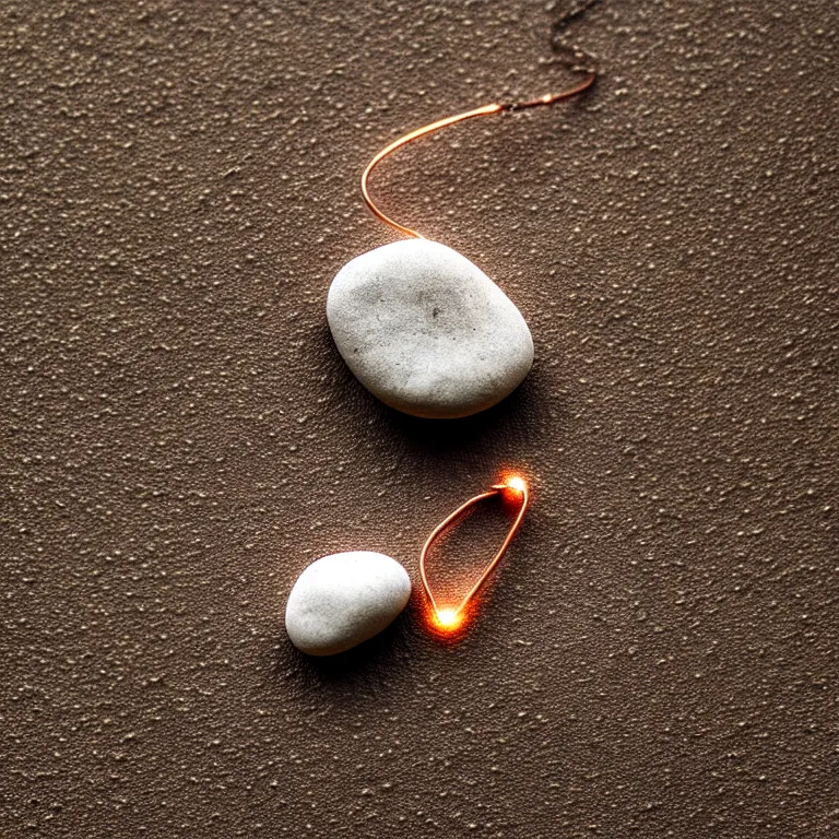 Prompt: photo of a pebble with a luminous rune drawn on it. pebble wrapped with copper wire. extremely high details, masterpiece, cinematic, octane rendering, depth of field, bokeh, cgsociety