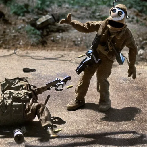 Image similar to muppet puppet gonzo special forces trying to diffuse an ied. action movie scene photograph.